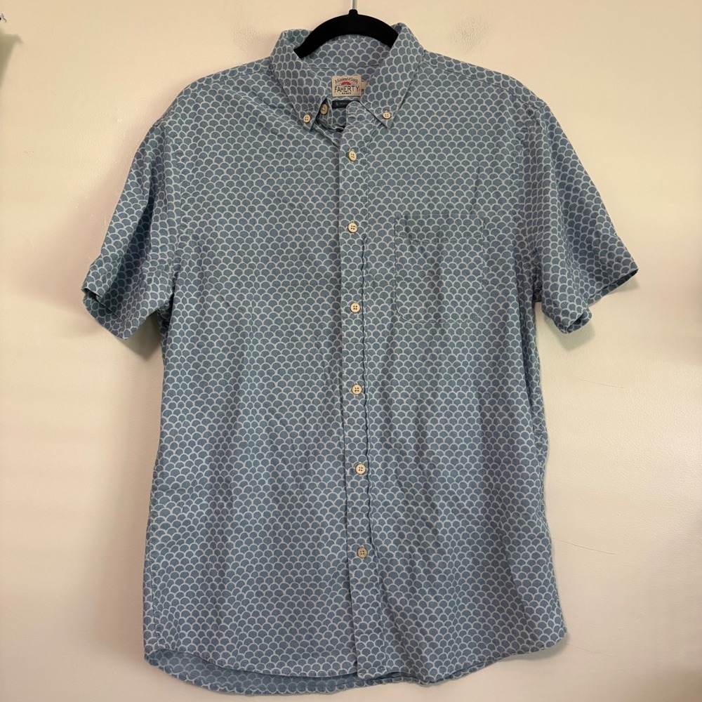 Faherty Brand Mens Short Sleeve Button Down Shirt Indigo Dyed Fish Scale Blue M